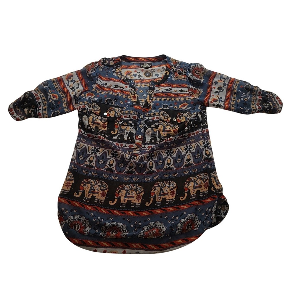 Angie Women's Small Blue Elephant Floral Boho Button Up Blouse Top 3/4 Sleeve